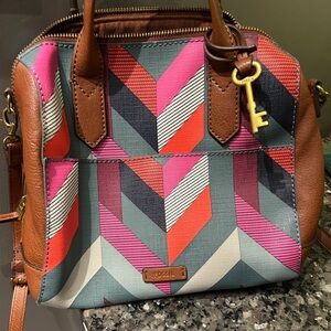 Fossil Chevron Satchel in Pink and Brown